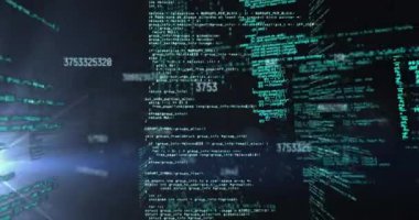 Veri işleme animasyonu ve karanlık arkaplan üzerindeki numaralar. Küresel bağlantılar ve veri işleme kavramı dijital video oluşturuldu.