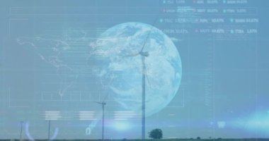 Mavi gökyüzüne karşı dönen borsa veri işleme ve yel değirmenlerinin animasyonu. Yenilenebilir enerji ve iş teknolojisi kavramı