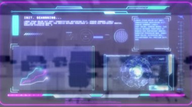 Boş ofise karşı veri işleme ile dijital arayüzün animasyonu. Bilgisayar arayüzü ve iş teknolojisi kavramı