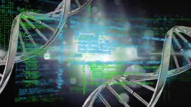 Bilimsel veri işleme üzerinde dönen DNA iplikçiklerinin animasyonu siyah arka planda. Küresel bilim dijital arayüzü ve veri işleme konsepti dijital olarak oluşturuldu.