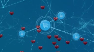 Dijital simge ağının animasyonu ve mavi arkaplan karşısında çoklu kırmızı kalp simgeleri. Küresel ağ ve iş teknolojisi kavramı