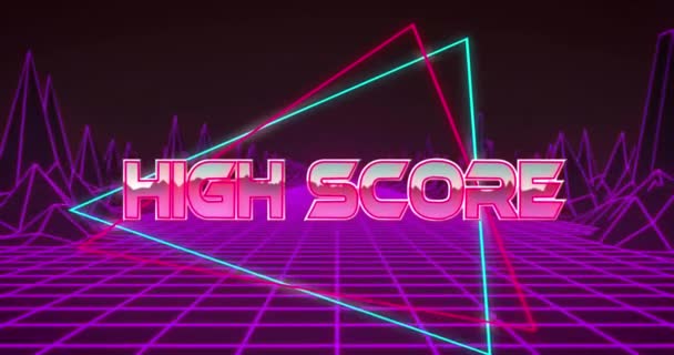 Animation Von Highscore Text Bunten Dreiecken Über Gittermuster Und Digitale — Stockvideo