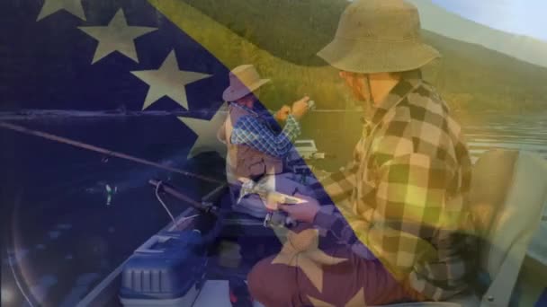 在高加索人的捕鱼船上升起波斯尼亚和黑塞哥维那国旗 全球爱国主义和数字接口概念数字生成视频 — 图库视频影像