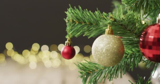 Video Árbol Navidad Con Adornos Luces Hadas Sobre Fondo Negro — Vídeos de Stock