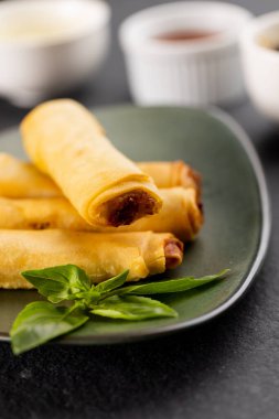 Gri tabaktaki Asya böreklerine ve gri arka plandaki baharatlara yakın çekim yapın. Asyalı lezzetli ev yemekleri ve sağlıklı yiyecekler..