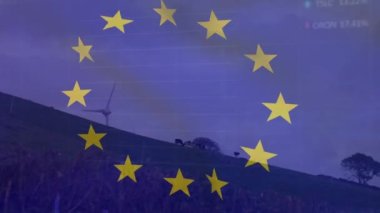 eu bayrağının animasyonu ve rüzgar türbinlerinin üzerinde işlenen veri. Küresel iş, ekoloji ve dijital arayüz kavramı dijital olarak oluşturulmuş video.