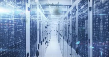 Sunucu odasında veri işleme animasyonu. Küresel bağlantılar ve dijital veri işleme kavramı dijital video oluşturuldu.