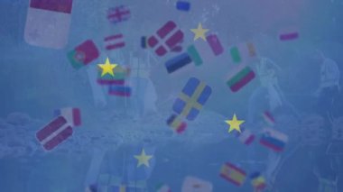 Ulusal bayrakların üzerinde Avrupa bayrağı ve yürüyüş yapan çeşitli insanların animasyonu. Vatanseverlik ve siyaset konsepti dijital olarak oluşturulmuş video.