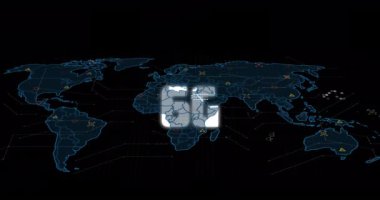 Siyah arkaplana karşı dijital harita üzerinde çok renkli geometrik şekillere sahip 6g metin animasyonu. Dijital olarak üretilmiş, hologram, küresel, iletişim, fütüristik ve modern teknoloji kavramı.