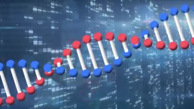 Mozaik kareler ve mavi arkaplan üzerinde dönen DNA yapısının animasyonu. Tıbbi araştırma ve bilim teknolojisi kavramı