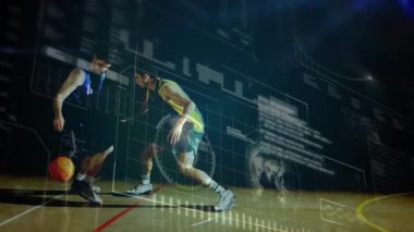 Basketbolcular üzerinde dijital veri işleme animasyonu. Küresel veri işleme ve iş konsepti dijital video üretimi.
