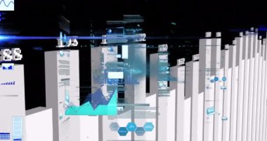 Sunucu odasında şekil ve veri işleme animasyonları. Veri depolama ve iş teknolojisi kavramı.