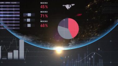 Renkli pasta grafiği, veriler, zamanlayıcı ve harita mercek parlaması ve dönen dünya üzerinde animasyon. Dijital olarak üretilmiş, hologram, küreselleşme, rapor, finans, soyut ve teknoloji kavramı.