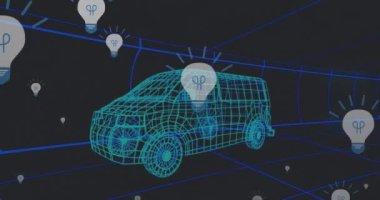 Siyah zemin üzerinde düşen simgelerin 3 boyutlu araba modelinin animasyonu. Küresel mühendislik ve otomotiv kavramı dijital video üretimi.