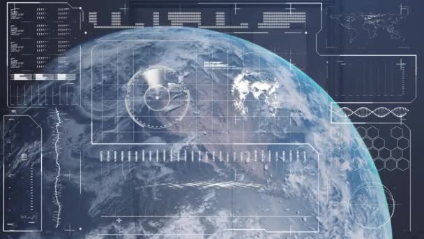 Animation Soundwave Radar Graphs Dna Helix Map Rotating Globe Digitally — Stock Video