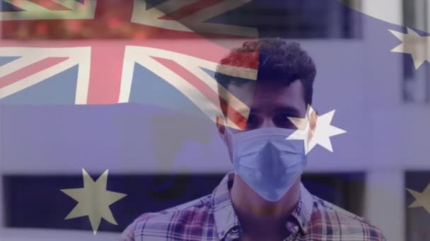 Animação Bandeira Austrália Acenando Sobre Homem Latino Usando Máscara Facial — Vídeo de Stock