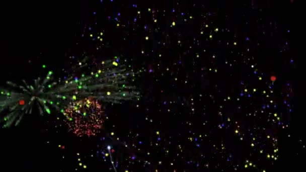 Red Spots Floating Colorful Fireworks Exploding Black Background New Years — Stock Video