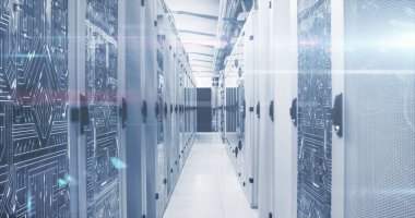 Bilgisayar sunucuları üzerinde istatistik, bağlantı ve veri işleme resimleri. Küresel hesaplama, bilim ve veri işleme kavramı dijital olarak oluşturulmuş görüntü.