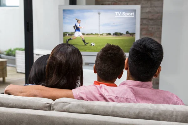 Vista Trasera Familia Feliz Viendo Televisión Sofá —  Fotos de Stock