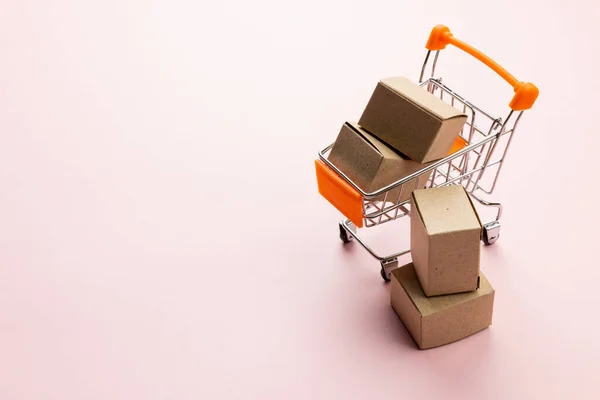 Composition Shopping Cart Boxes Pink Background Retail Shopping Black Friday — Stock Photo, Image