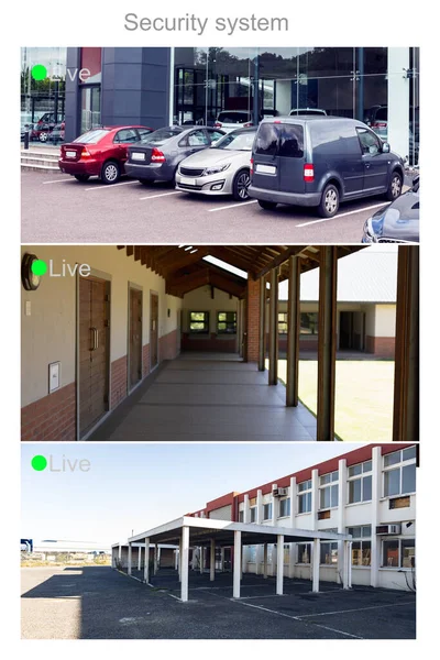 ライブテキストデジタルインターフェイス 駐車場 オフィスと3つのセキュリティカメラ画面の構成 産業安全保障安全監視デジタルインターフェース — ストック写真