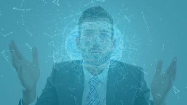 Kafkasyalı iş adamının görüntülü konuşmasına karşı insan beyni ve pleksus ağlarının animasyonu. Küresel ağ ve iş teknolojisi kavramı