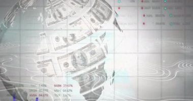 Amerikan dolarları ile istatistiklerin üzerinde oluşan dünyanın animasyonu. Küresel iş, finans, bilgisayar ve veri işleme kavramı dijital olarak oluşturulmuş video.