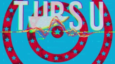 Başlangıç metnine karşı istatistiksel veri işleme ve mavi arkaplana karşı daireler üzerinde dönen yıldızlar. Amerikan bağımsızlık günü konsepti