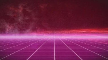 Işık noktalarının canlandırılması ve siyah arkaplandaki neon çizgileri üzerinde parazit. Işık, şablon ve hareket konsepti dijital olarak oluşturulmuş video.