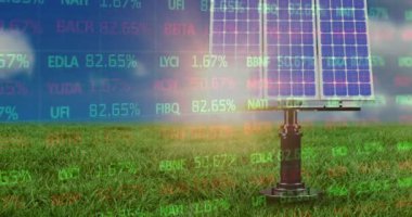 Yeşil alandaki güneş panelleri üzerinden finansal veri işleme animasyonu. Dijital olarak üretilen küresel sürdürülebilirlik, iş, yeşil ve güneş enerjisi kavramı.