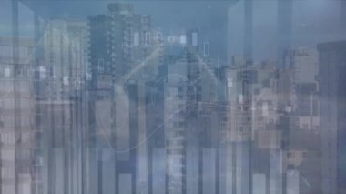 Finansal veri işleme ve şehir manzarası üzerindeki bağlantıların animasyonu. Küresel iş, bağlantılar, hesaplama, dijital arayüz ve dijital olarak oluşturulmuş video işleme kavramı.