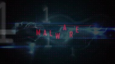 Siyah arkaplandaki ikili kod üzerinden kötü amaçlı yazılımın animasyonu. Küresel teknoloji, çevrimiçi güvenlik ve dijital arayüz kavramı dijital olarak oluşturulmuş video.