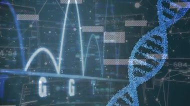 Mavi arkaplandaki mozaik karelere karşı dönen DNA yürüyüşü ve kalp atış hızı monitörü animasyonu. Tıbbi araştırma ve sağlık teknolojisi kavramı