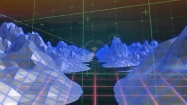 Profil simgelerinin dijital dağlar ve merceklerin üzerindeki çizgilerle birleştirilmesi. Dijital olarak üretilen hologram, manzara, doğa, vadi, iletişim ve teknoloji kavramı.