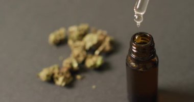 Marihuana yapraklarının videosu ve gri arka planda bir şişe cbd özütü. Sağlık tedavileri ve tıbbi yardımlar için Cbd, cannabidiol özü ve esrar.