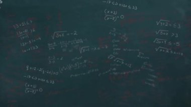 Soyut arkaplan üzerinde yüzen çok renkli matematiksel denklemlerin animasyonu. Dijital olarak üretilmiş, hologram, fizik, makine öğrenme, formül, öğretim ve eğitim kavramı.
