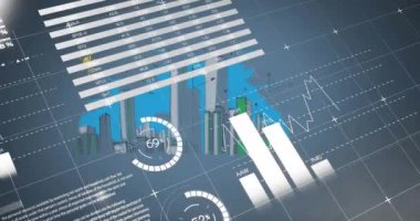 Mavi zemin üzerinde veri işleme ile istatistiklerin animasyonu. Küresel iş, finans ve veri işleme kavramı dijital olarak oluşturulmuş video.