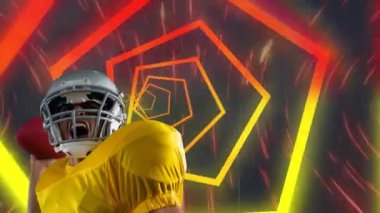 Basketbolcunun ışık yollarında topu tutuşu animasyonu. Küresel spor fitness sağlıklı yaşam tarzı ve dijital olarak oluşturulmuş veri işleme konsepti.