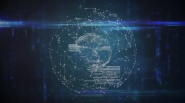 Siyah arkaplanda veri işleme ve küre animasyonu. Küresel bağlantılar teknolojisi ve dijital arayüz kavramı dijital olarak oluşturulmuş video.