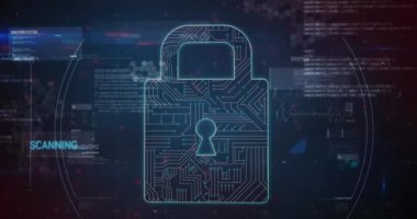 Devre kartı desenli asma kilit animasyonu ve kırmızı soyut desenli çubuk grafiği. Dijital olarak üretilmiş, hologram, rapor, veri, siber güvenlik, teknoloji ve finans kavramı.