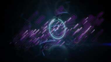 Mor ışık izlerinin animasyonu ve neon saatin üzerindeki DNA yapıları mavi arkaplana karşı. Bilgisayar arayüzü ve iş teknolojisi kavramı