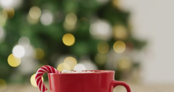 木製の背景にマシュマロとホットチョコレートのカップのビデオ クリスマス お祝いのコンセプト — ストック動画