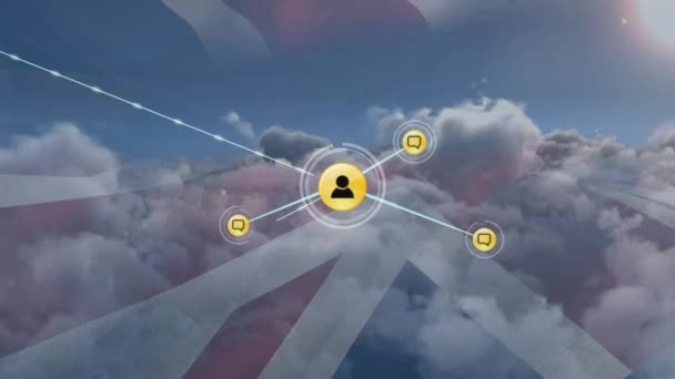 Animation Network Digital Icons Waving Flag Clouds Sky Global Networking — Stock Video
