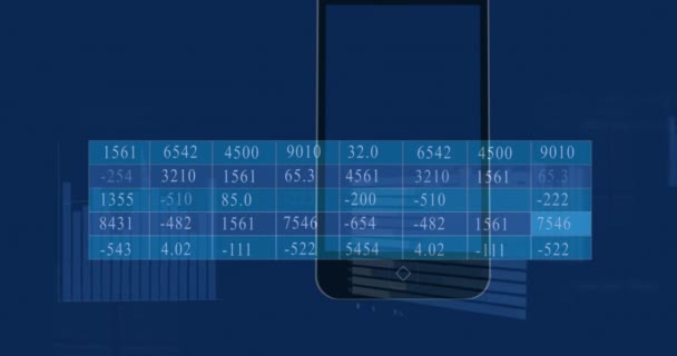 Κινούμενα Σχέδια Εικονιδίου Smartphone Και Επεξεργασία Στατιστικών Δεδομένων Μπλε Φόντο — Αρχείο Βίντεο