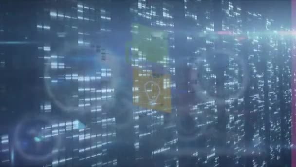 Animacja Kwadratów Mozaiki Nad Siecią Ikon Cyfrowych Plamki Światła Niebieskim — Wideo stockowe