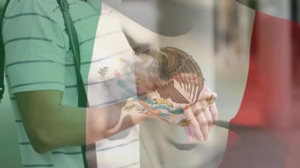 Animace Mexické Vlajky Vlnící Nad Latinským Mužem Obličejovou Maskou Ulici — Stock video