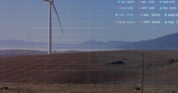 Mavi Gökyüzüne Karşı Dönen Rüzgar Türbini Üzerinde Işlenen Borsa Verilerinin — Stok video