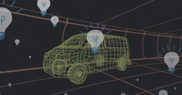 Анімація Падаючих Іконок Моделі Автомобіля Над Сіткою Чорному Тлі Глобальна — стокове відео