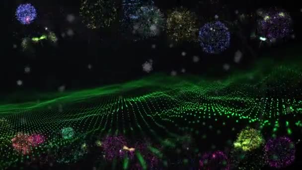 雪花落在绿色紫色数字波上 烟火在黑色背景下爆炸 新年前夕庆祝的概念 — 图库视频影像