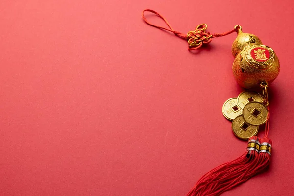 Composition of traditional chinese decoration on red background. Chinese new year, tradition and celebration concept.